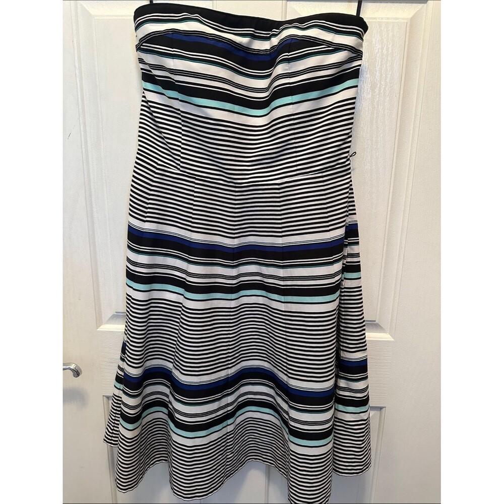 White House Black Market Strapless Black White Navy Mint Striped Dress